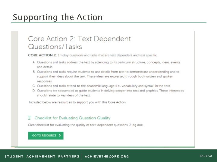 Supporting the Action PAGE 53 Supporting the Action PAGE 53