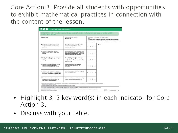 Core Action 3: Provide all students with opportunities to exhibit mathematical practices in connection Core Action 3: Provide all students with opportunities to exhibit mathematical practices in connection