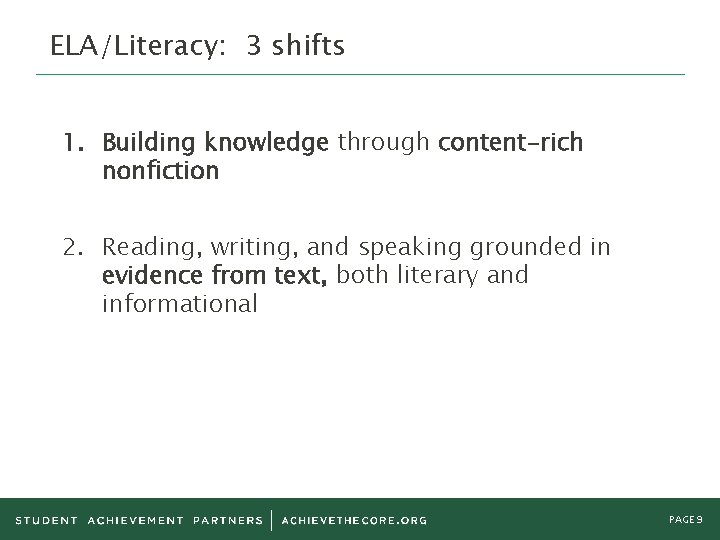 ELA/Literacy: 3 shifts 1. Building knowledge through content-rich nonfiction 2. Reading, writing, and speaking ELA/Literacy: 3 shifts 1. Building knowledge through content-rich nonfiction 2. Reading, writing, and speaking