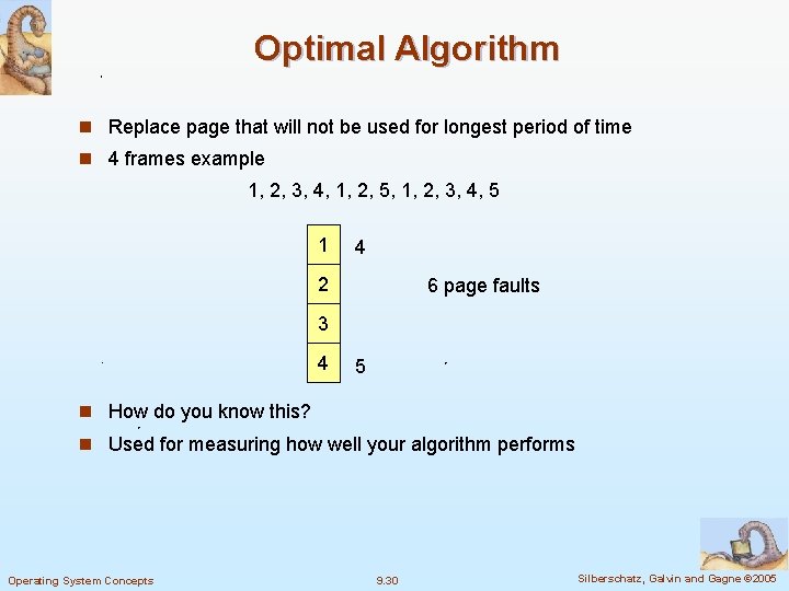 Optimal Algorithm n Replace page that will not be used for longest period of