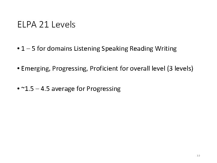 ELPA 21 Levels • 1 – 5 for domains Listening Speaking Reading Writing •