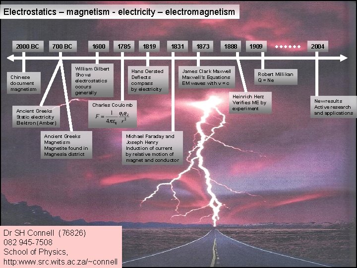 Electrostatics – magnetism - electricity – electromagnetism 2000 BC 700 BC 1600 1785 William