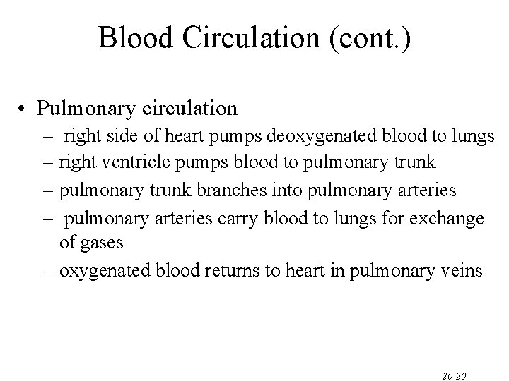 Blood Circulation (cont. ) • Pulmonary circulation – right side of heart pumps deoxygenated