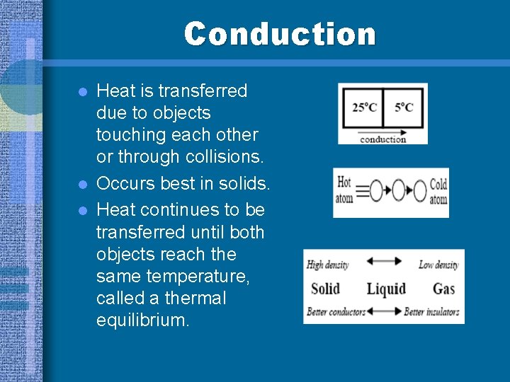 Conduction l l l Heat is transferred due to objects touching each other or