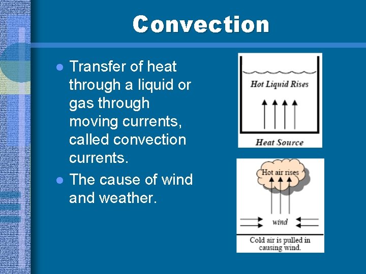 Convection l l Transfer of heat through a liquid or gas through moving currents,
