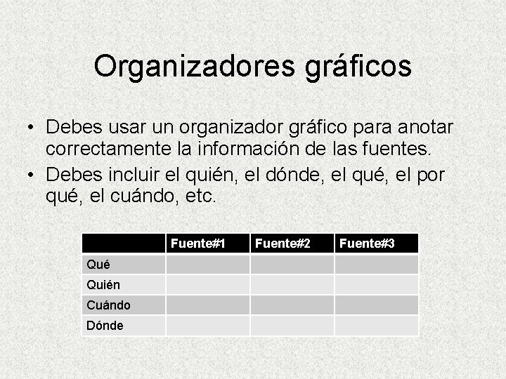 Organizadores gráficos • Debes usar un organizador gráfico para anotar correctamente la información de