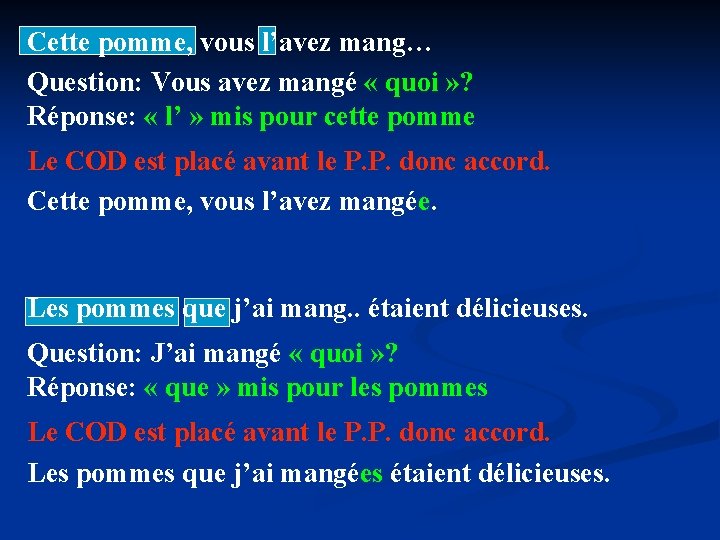 Cette pomme, vous l’avez mang… Question: Vous avez mangé « quoi » ? Réponse: