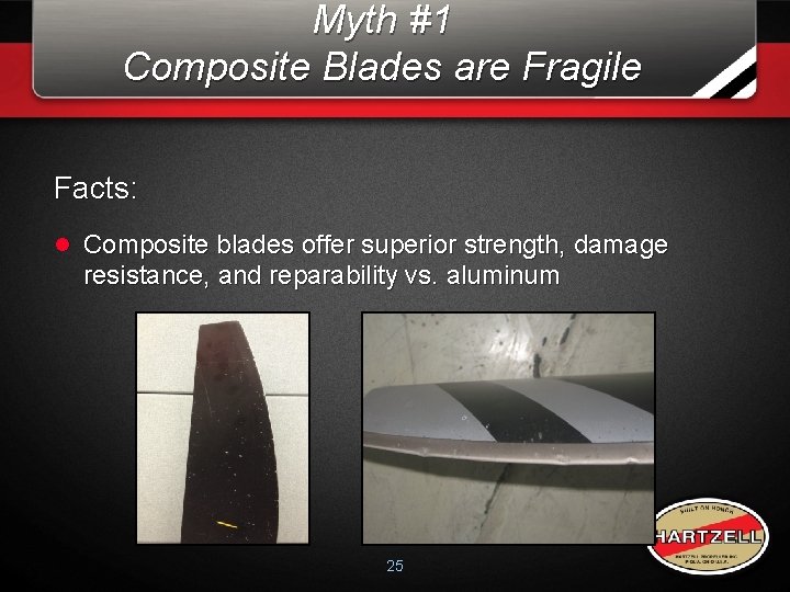 Myth #1 Composite Blades are Fragile Facts: l Composite blades offer superior strength, damage Myth #1 Composite Blades are Fragile Facts: l Composite blades offer superior strength, damage