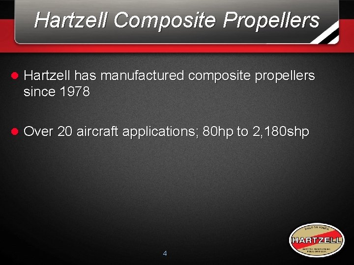 Hartzell Composite Propellers l Hartzell has manufactured composite propellers since 1978 l Over 20 Hartzell Composite Propellers l Hartzell has manufactured composite propellers since 1978 l Over 20