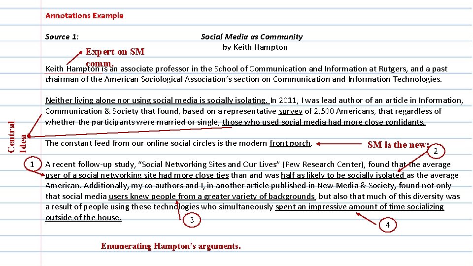 Annotations Example Source 1: Central Idea Expert on SM 1 Social Media as Community