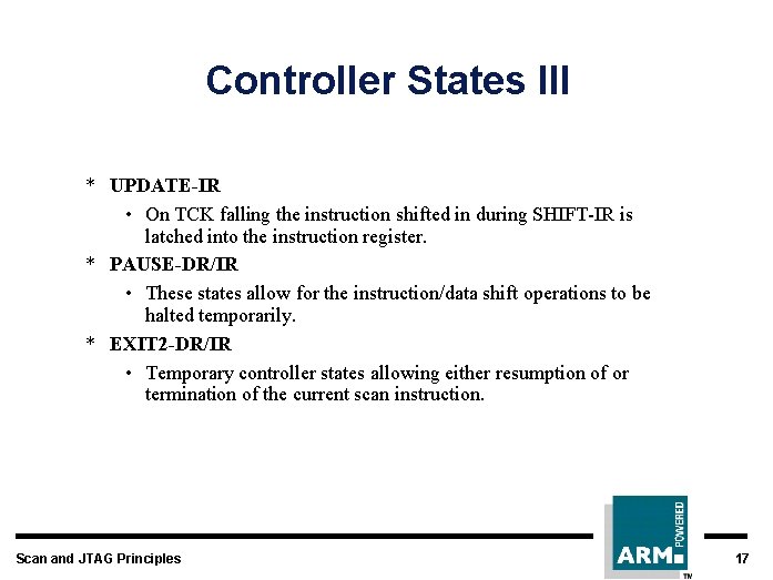 Controller States III * UPDATE-IR • On TCK falling the instruction shifted in during
