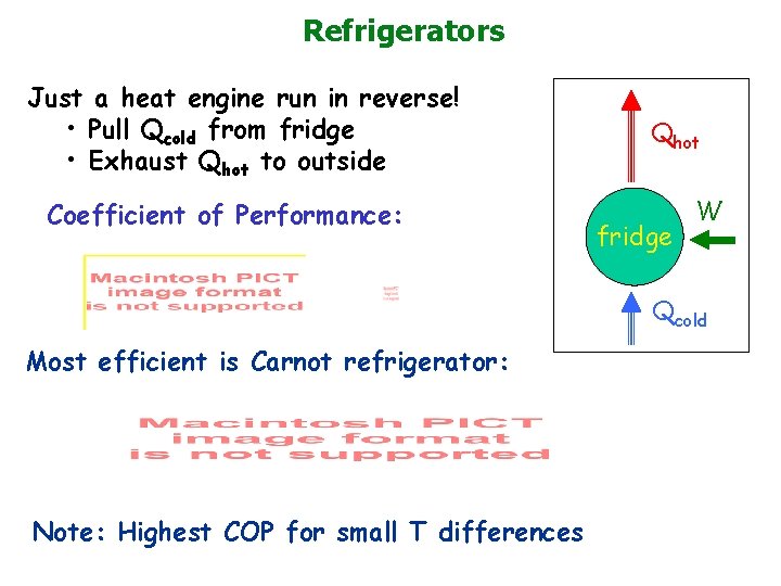 Refrigerators Just a heat engine run in reverse! • Pull Qcold from fridge •