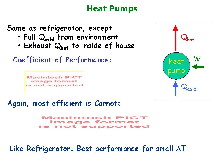 Heat Pumps Same as refrigerator, except • Pull Qcold from environment • Exhaust Qhot