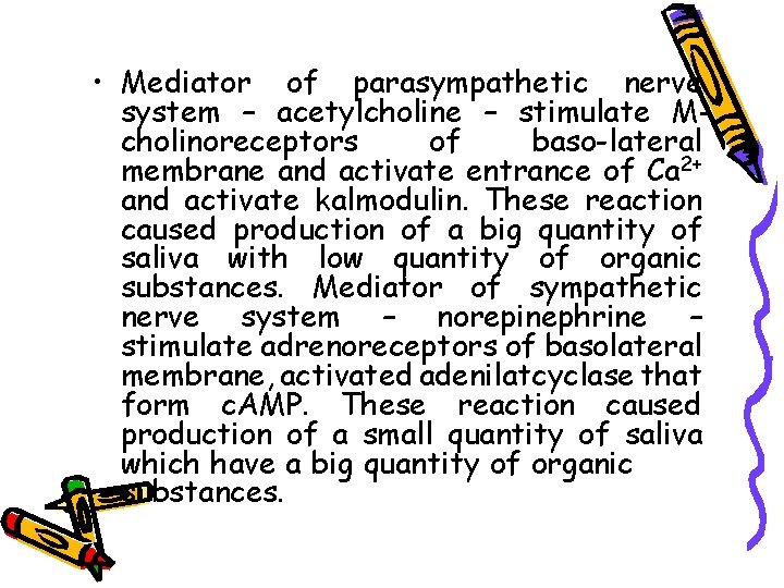  • Mediator of parasympathetic nerve system – acetylcholine – stimulate Mcholinoreceptors of baso-lateral