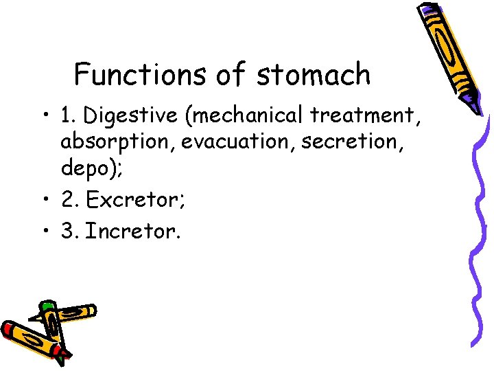 Functions of stomach • 1. Digestive (mechanical treatment, absorption, evacuation, secretion, depo); • 2.