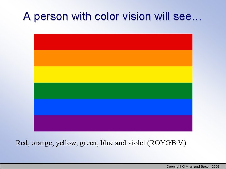 A person with color vision will see… Red, orange, yellow, green, blue and violet