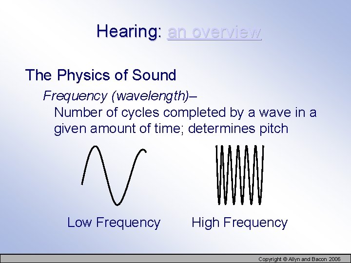 Hearing: an overview The Physics of Sound Frequency (wavelength)– Number of cycles completed by