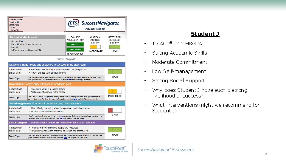 Student J • 15 ACT®, 2. 5 HSGPA • Strong Academic Skills • Moderate