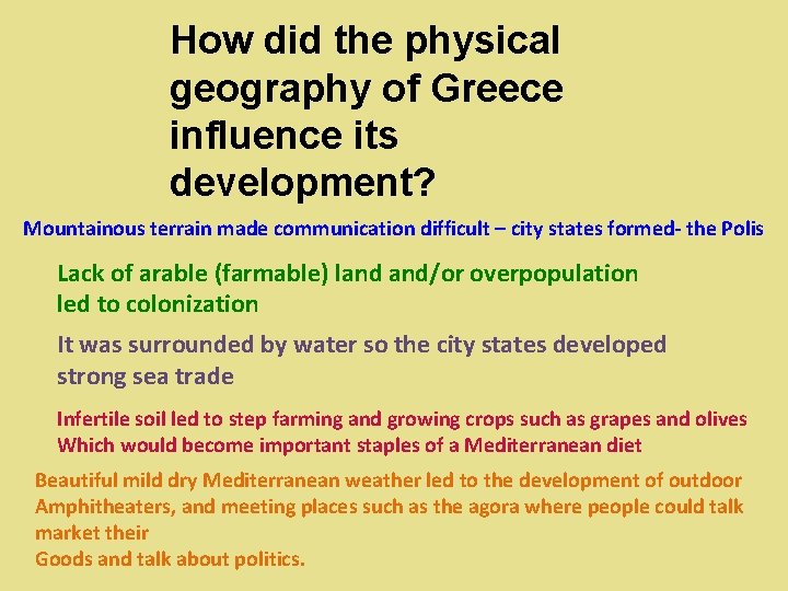 How did the physical geography of Greece influence its development? Mountainous terrain made communication