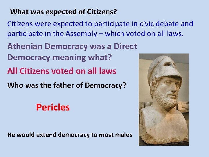 What was expected of Citizens? Citizens were expected to participate in civic debate and