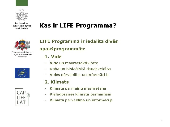 Kas ir LIFE Programma? LIFE Programma ir iedalīta divās apakšprogrammās: 1. Vide - Vide