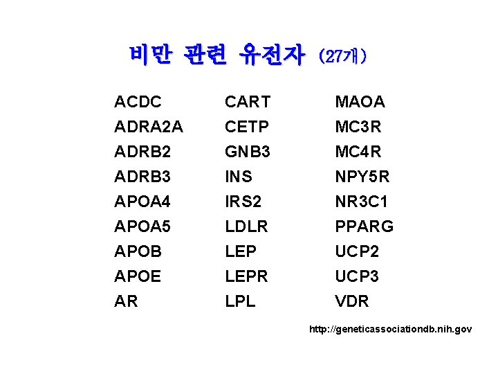 비만 관련 유전자 (27개) ACDC ADRA 2 A ADRB 2 ADRB 3 CART CETP