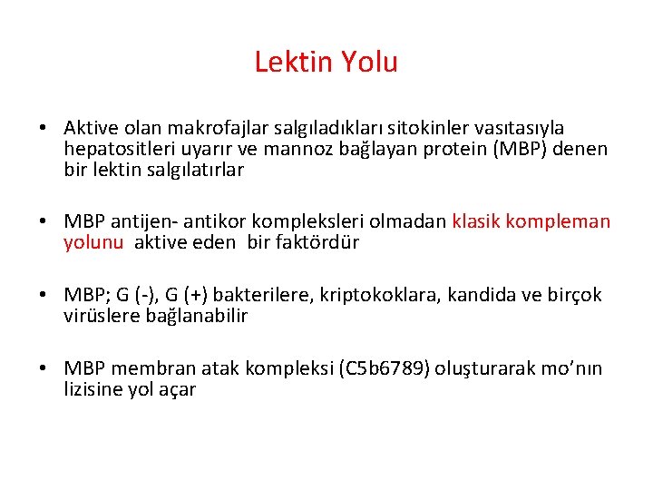 Lektin Yolu • Aktive olan makrofajlar salgıladıkları sitokinler vasıtasıyla hepatositleri uyarır ve mannoz bağlayan Lektin Yolu • Aktive olan makrofajlar salgıladıkları sitokinler vasıtasıyla hepatositleri uyarır ve mannoz bağlayan