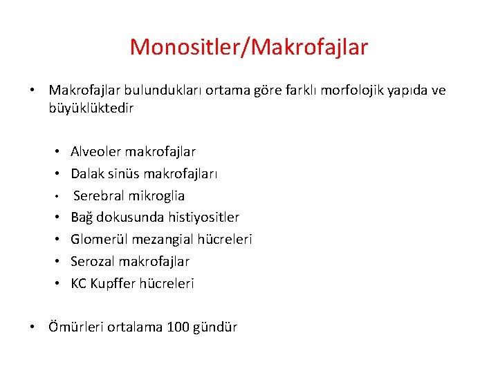 Monositler/Makrofajlar • Makrofajlar bulundukları ortama göre farklı morfolojik yapıda ve büyüklüktedir • Alveoler makrofajlar Monositler/Makrofajlar • Makrofajlar bulundukları ortama göre farklı morfolojik yapıda ve büyüklüktedir • Alveoler makrofajlar