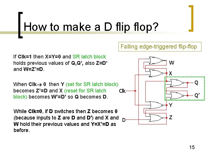 How to make a D flip flop? Falling edge-triggered flip-flop If Clk=1 then X=Y=0