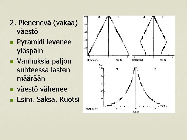 2. Pienenevä (vakaa) väestö n Pyramidi levenee ylöspäin n Vanhuksia paljon suhteessa lasten määrään