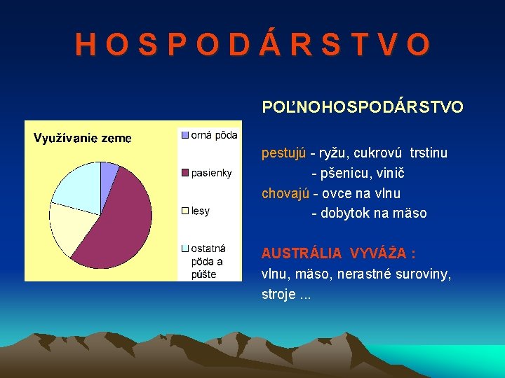 HOSPODÁRSTVO POĽNOHOSPODÁRSTVO pestujú - ryžu, cukrovú trstinu - pšenicu, vinič chovajú - ovce na