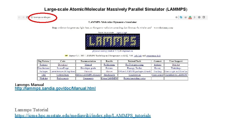 Large-scale Atomic/Molecular Massively Parallel Simulator (LAMMPS) Lammps Manual http: //lammps. sandia. gov/doc/Manual. html Lammps