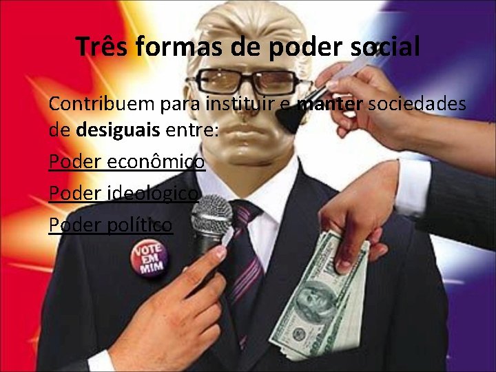 Três formas de poder social Contribuem para instituir e manter sociedades de desiguais entre: