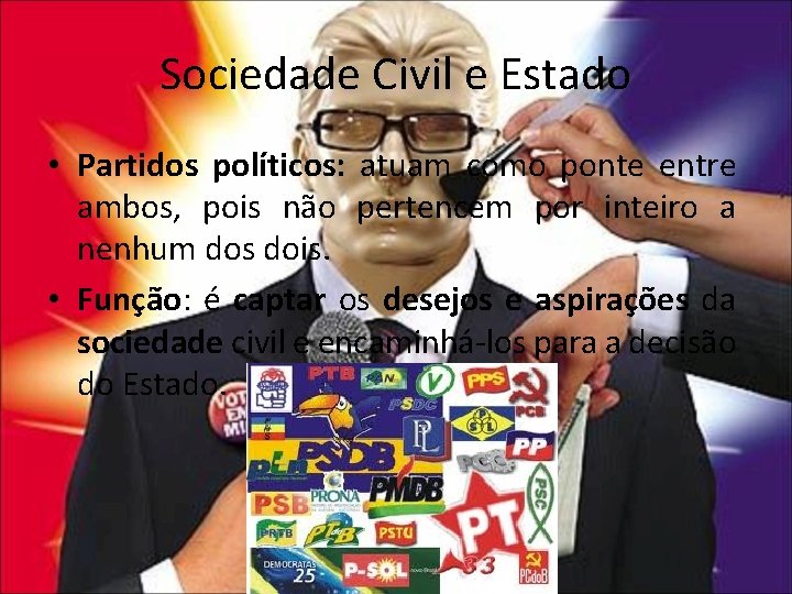 Sociedade Civil e Estado • Partidos políticos: atuam como ponte entre ambos, pois não