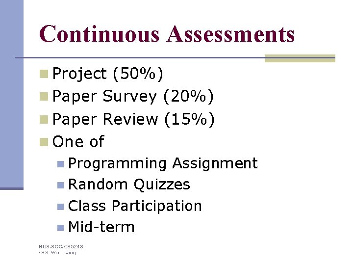 Continuous Assessments n Project (50%) n Paper Survey (20%) n Paper Review (15%) n