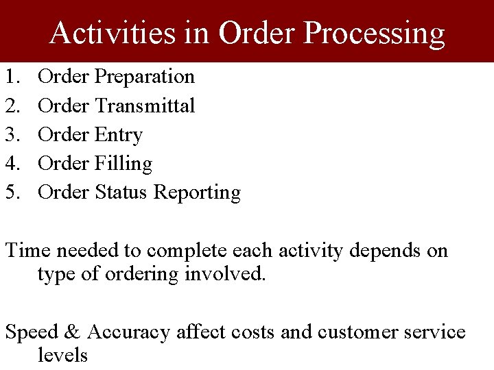 Activities in Order Processing 1. 2. 3. 4. 5. Order Preparation Order Transmittal Order