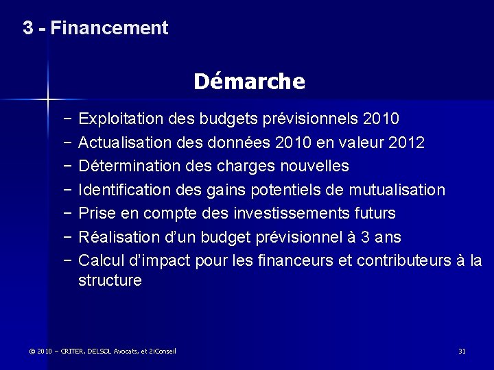 3 - Financement Démarche − − − − Exploitation des budgets prévisionnels 2010 Actualisation