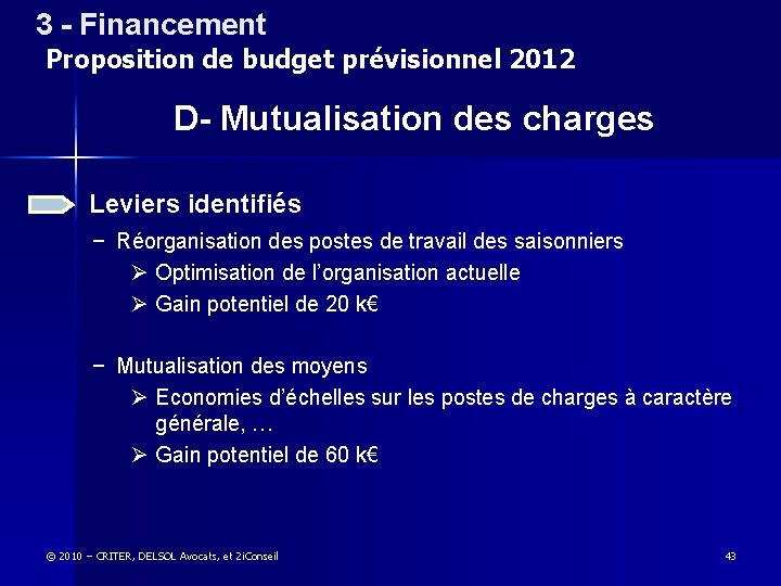 3 - Financement 3 – Financement Proposition de budget prévisionnel 2012 D- Mutualisation des