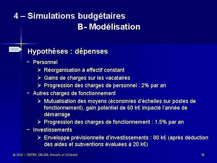 4 – Simulations budgétaires B- Modélisation Hypothèses : dépenses − Personnel Ø Réorganisation à