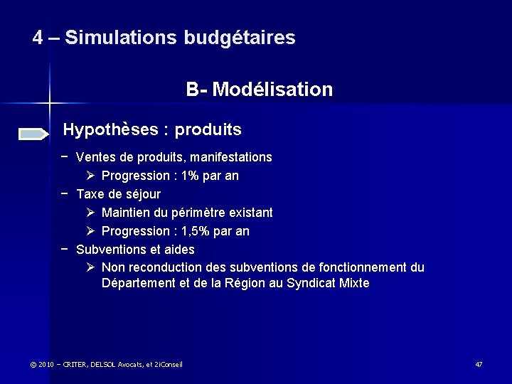 4 – Simulations budgétaires B- Modélisation Hypothèses : produits − Ventes de produits, manifestations