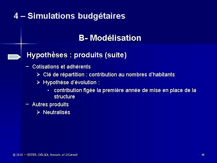 4 – Simulations budgétaires B- Modélisation Hypothèses : produits (suite) − Cotisations et adhérents
