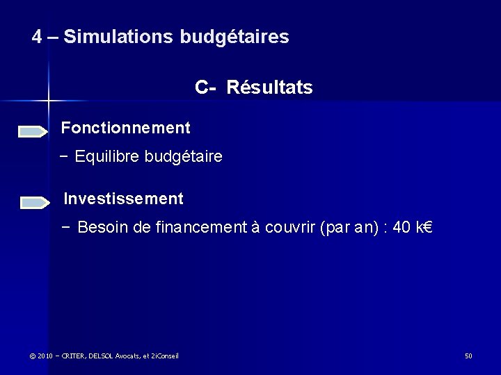 4 – Simulations budgétaires C- Résultats Fonctionnement − Equilibre budgétaire Investissement − Besoin de