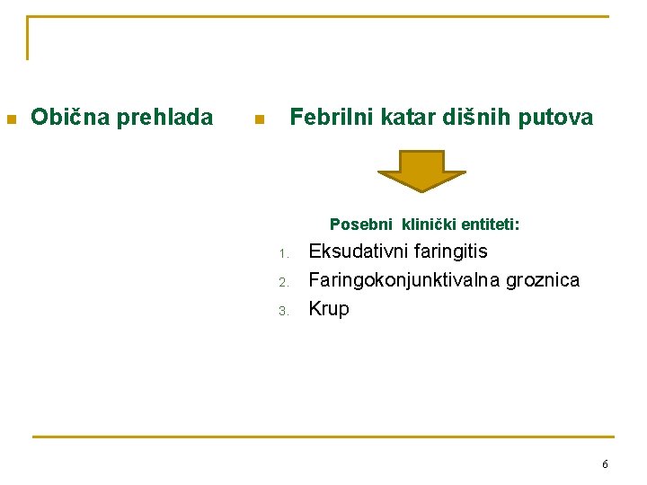 n Obična prehlada Febrilni katar dišnih putova n Posebni klinički entiteti: 1. 2. 3.