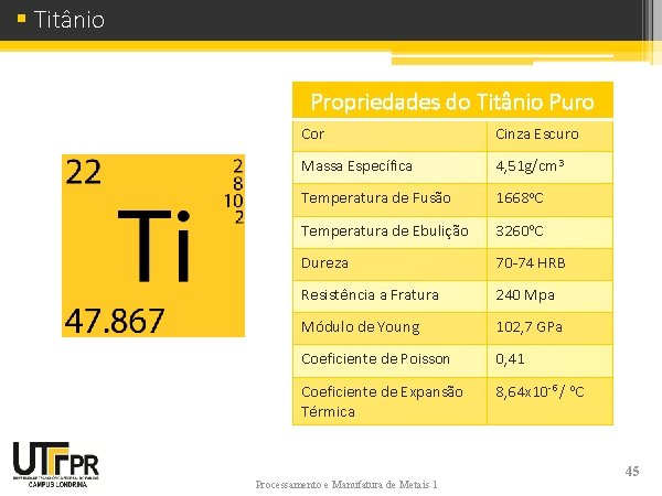 § Titânio Propriedades do Titânio Puro Cor Cinza Escuro Massa Específica 4, 51 g/cm