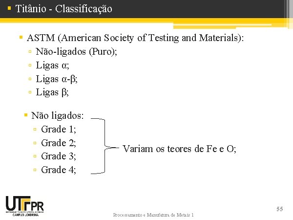 § Titânio - Classificação § ASTM (American Society of Testing and Materials): ▫ Não-ligados