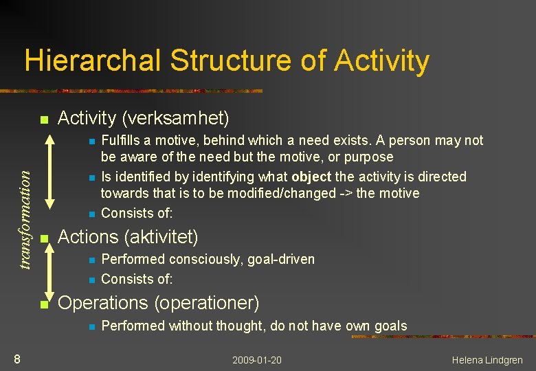 Hierarchal Structure of Activity n Activity (verksamhet) transformation n n Actions (aktivitet) n n