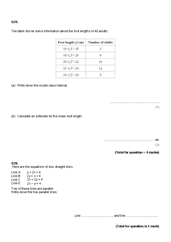 Q 25. The table shows some information about the foot lengths of 40 adults.