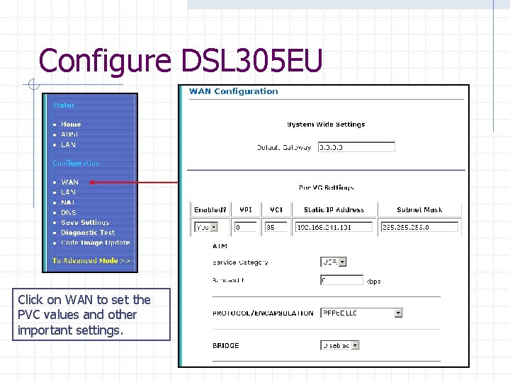 Configure DSL 305 EU Click on WAN to set the PVC values and other Configure DSL 305 EU Click on WAN to set the PVC values and other