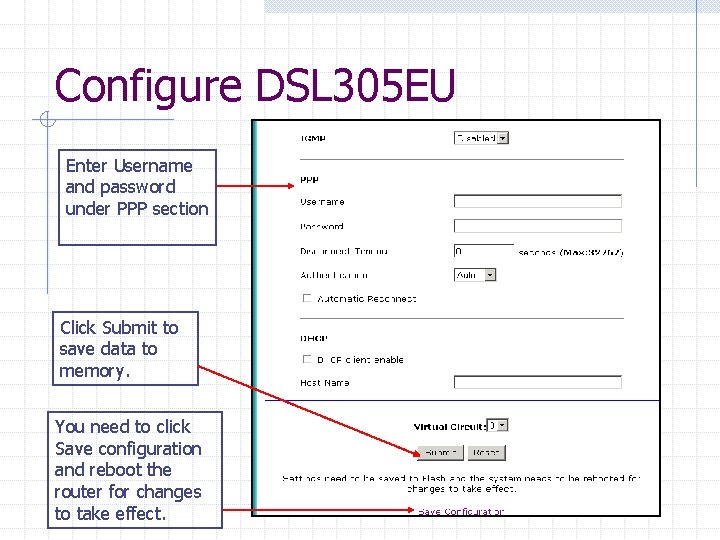 Configure DSL 305 EU Enter Username and password under PPP section Click Submit to Configure DSL 305 EU Enter Username and password under PPP section Click Submit to