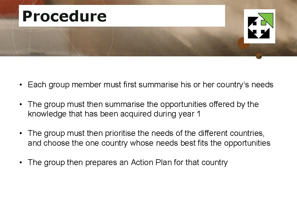 Procedure • Each group member must first summarise his or her country’s needs •